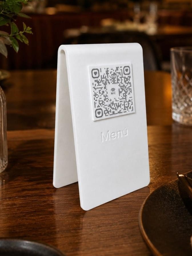 Pie de menú Arco impreso en 3D con QR, chip NFC y la palabra Menú en relieve sobre una mesa de restaurante