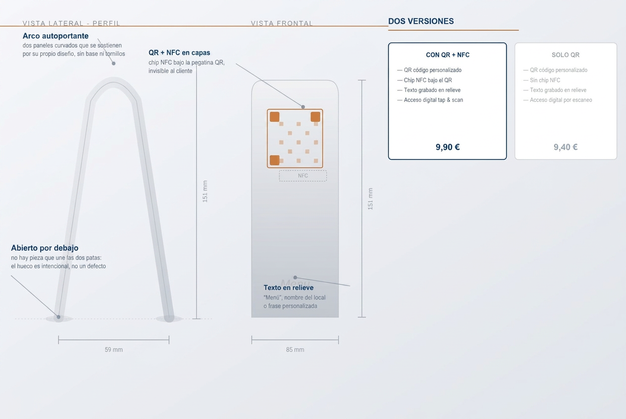 Plano del pie de menú Arco: 151 mm de alto, 85 mm de ancho de panel, 59 mm de grosor, montaje en capas de QR y chip NFC
