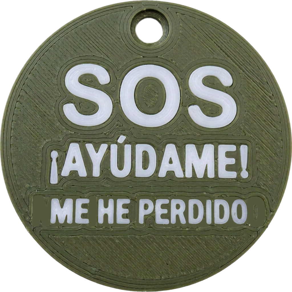 Llavero verde con el texto SOS ¡Ayúdame! Me he perdido